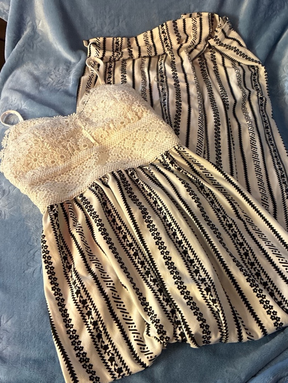 Ivory Lace Bust Quilted Stripe Maxi Dress